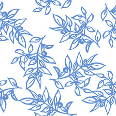 seamless pattern with branches and leaves in blue line hand drawing repeat seamless pattern on white background design for fabric print or vintage wallpaper or retro backdrop 