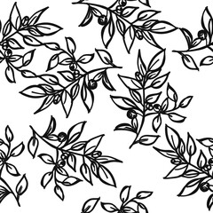 seamless pattern with branches and leaves in blue line hand drawing repeat seamless pattern on white background design for fabric print or vintage wallpaper or retro backdrop