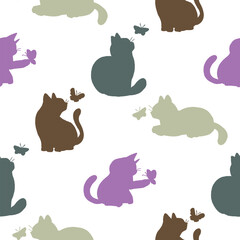 Seamless Pattern with Cartoon Silhouette Cat Design on White Background