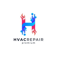 letter H with water and fire for HVAC repair logo design