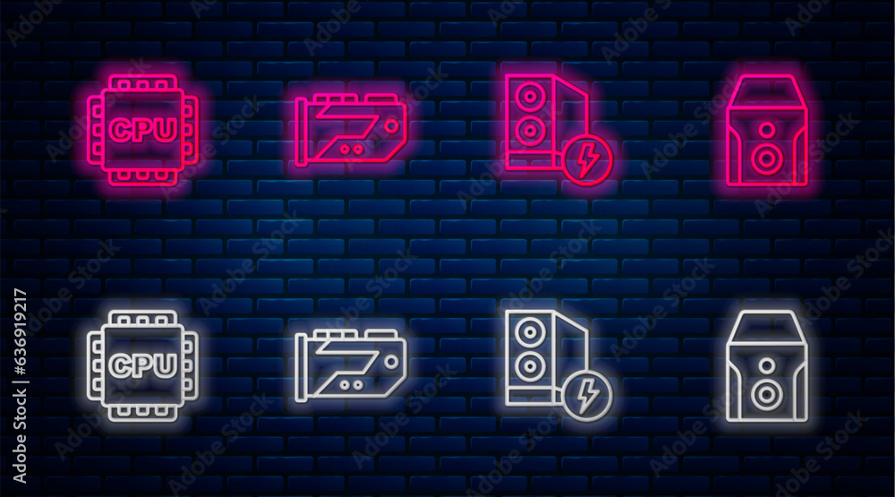Poster set line video graphic card, case of computer, processor with cpu and uninterruptible power supply. 