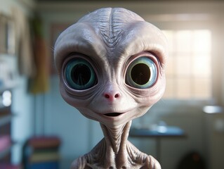 a slim grey alien with big eyes looks directly into the camera as a teacher
