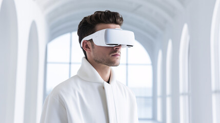 Handsome man wearing VR headset, augmented reality glasses in white futuristic environment.