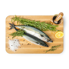 Atlantic mackerel with rosemary on board, Scomber scombrus