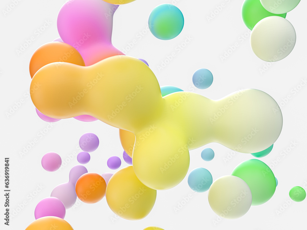 Poster Abstract 3d art background. Colorful floating liquid blobs, soap bubbles, metaballs.