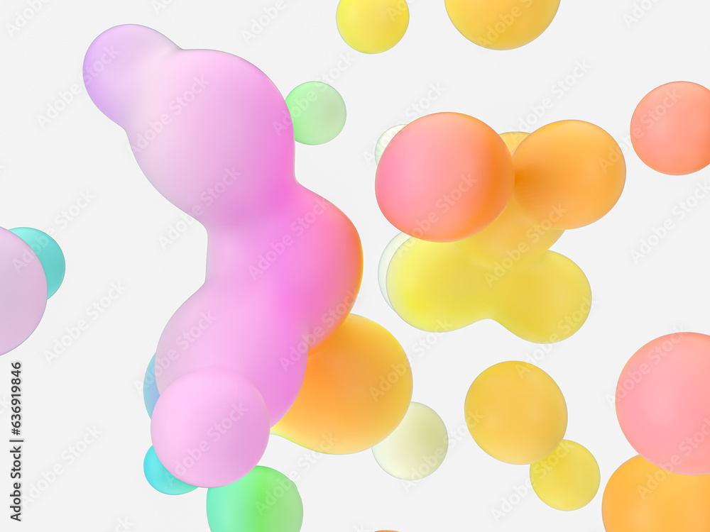 Poster Abstract 3d art background. Colorful floating liquid blobs, soap bubbles, metaballs.