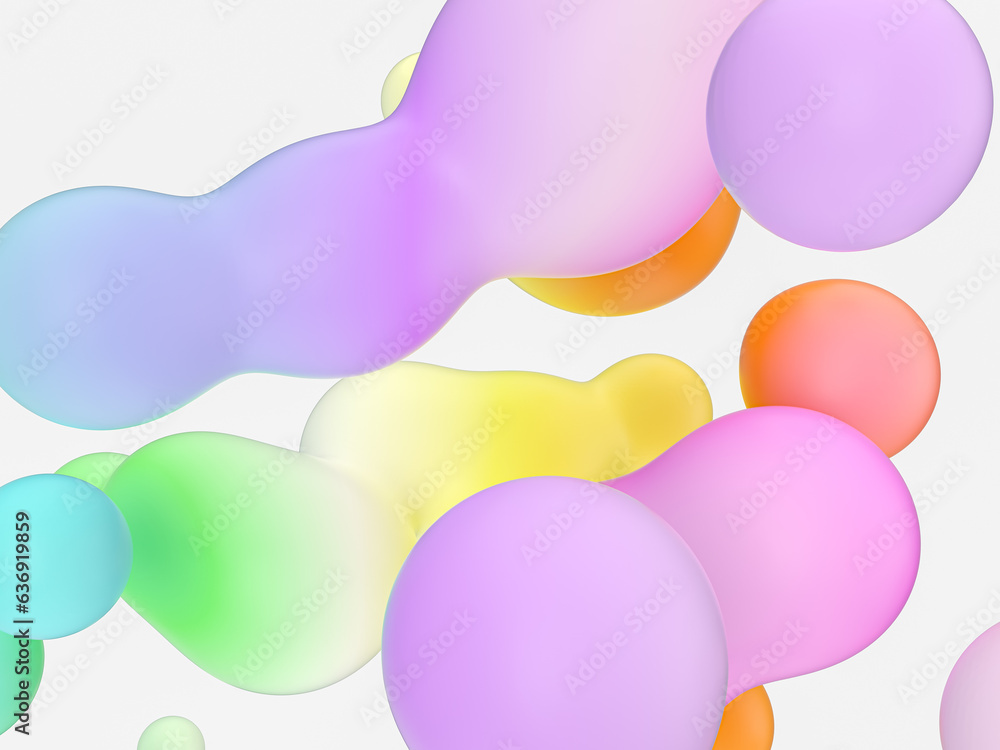 Poster Abstract 3d art background. Colorful floating liquid blobs, soap bubbles, metaballs.