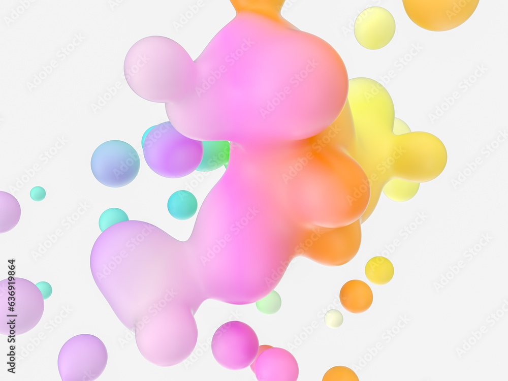 Poster Abstract 3d art background. Colorful floating liquid blobs, soap bubbles, metaballs.