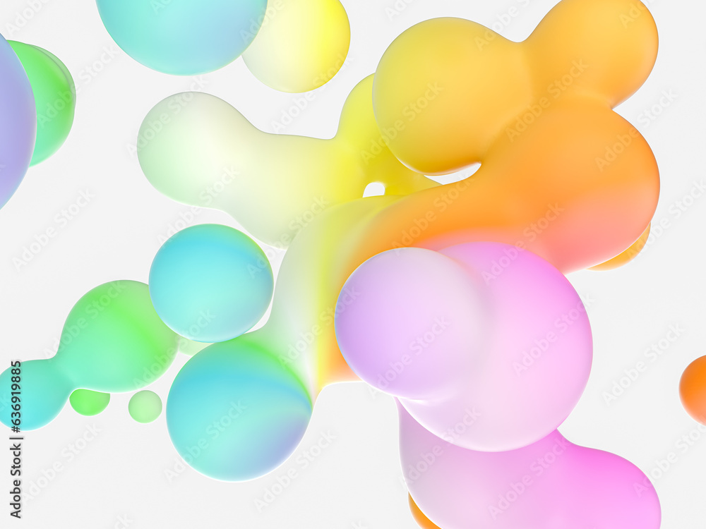 Poster Abstract 3d art background. Colorful floating liquid blobs, soap bubbles, metaballs.