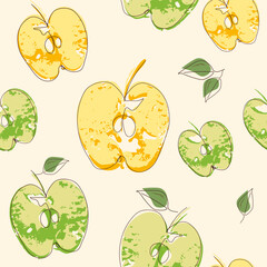 Half green and yellow apple prints. Juicy apples fruits. Seamless pattern background. Hand drawn line vector illustration. Pattern for modern design of fabric, wallpaper, stationery, textile, labels.