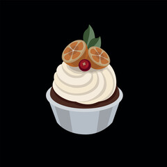 Cake, cupcake with small oranges, red currants, cream, black background