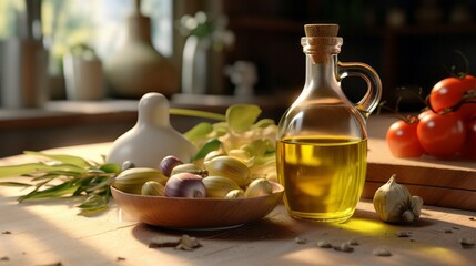 Photo of a bottle of vegetable oil and a bowl of olives on a table