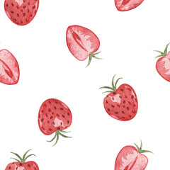 Watercolor seamless pattern with juicy wild berries. Red strawberries hand drawn in a simple cartoon style. On a white background pattern. Art for cookbook, kitchen, textile, menu cafe.