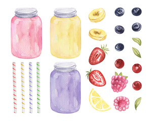 Watercolor set glass with fruit juice isolated on white background. Berries and fruits. Healthy milkshake drink collection illustration. isolated on white