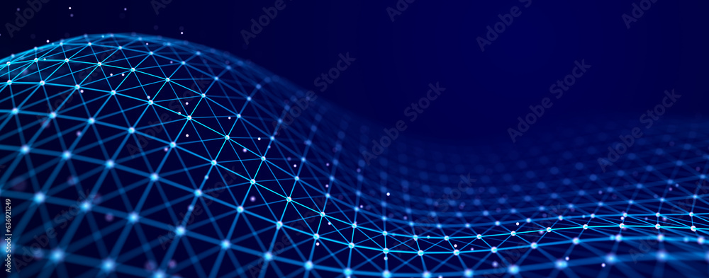 Fototapete Perspective grid of lines and dots. Network or connection. Abstract digital background of points and lines. Glowing plexus. Big data. Abstract technology science background. 3d rendering