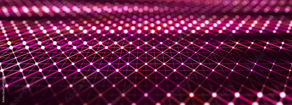 Leinwandbilder Perspective grid of lines and dots. Network or connection. Abstract digital background of points and lines. Glowing plexus. Big data. Abstract technology science background. 3d rendering