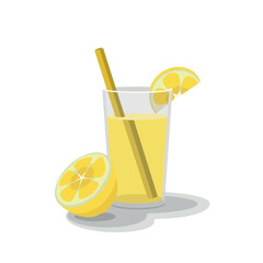 Lemon juice in a glass with an orange on a white background