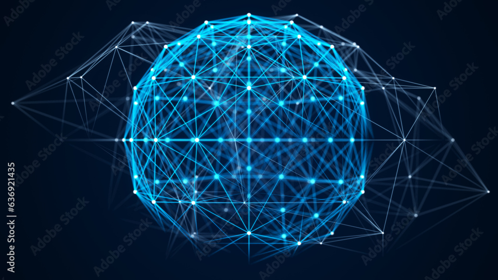 Aufkleber Sphere of particles and lines. Futuristic digital technology. Network or connection. Abstract background of points and lines. Big data. Science background. 3d rendering