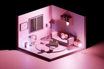 3D render of light living room low poly, isometric view