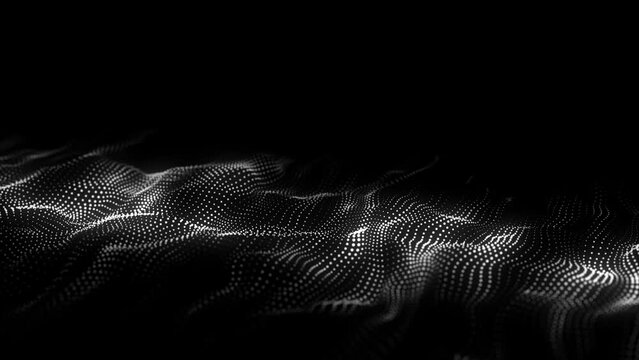 Futuristic technology wave. Digital cyberspace. Abstract wave with moving particles on a black background. Big data analytics. 3d rendering.