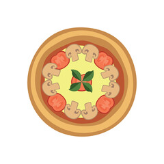 Pizza with mushrooms, tomatoes, cheese, baselik on a white background