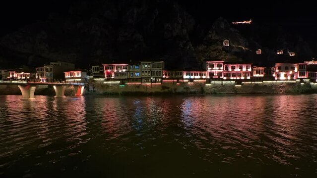Touristic area of Amasya city, night lights, historical area