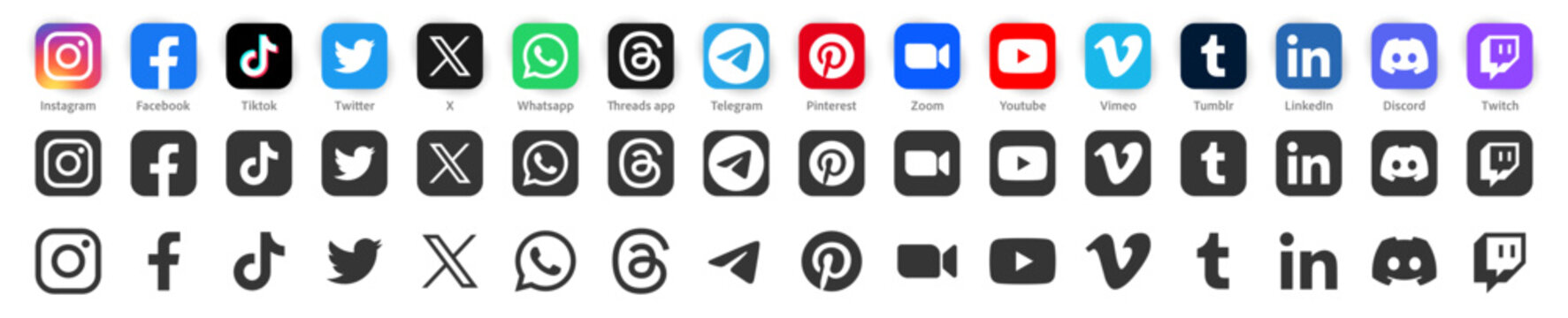 Social media icon logo vector set. Instagram, twitter, X, facebook, tiktok, threads app, discord, twitch. Popular social media icons button fit for web, mobile app