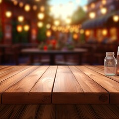 empty wooden table rustical style for product presentation with a blurred restaurant in the background