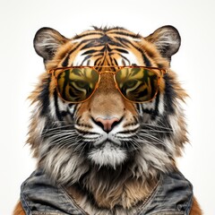 close-up of Tiger with sunglasses on white background