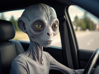 a slim grey alien with big eyes looks directly into the camera driving a car