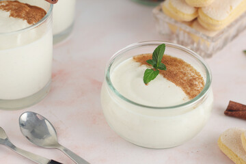 Glasses with traditional Italian dessert Zabaione made of eggs, sugar and wine