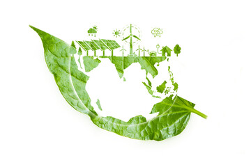 Green Energy Renewable Sustainable. world and green energy icon in green leaf on green nature background green energy icon around it. Investing in the environment, society, governance. ESG Investing.