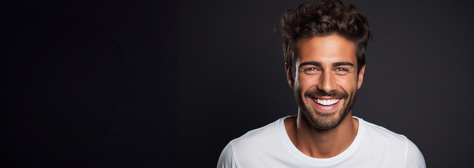 Close up portrait of handsome man smiling with perfectly clean teeth, copy space.Created using Generative AI technology.