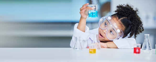 Chemistry, science and a child with liquid for research, futuristic innovation or project for...
