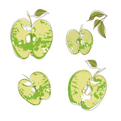 Set of half green apple prints hand drawn with lines. Fruits with leaves and cut slices. Elements for modern design. Vector illustration on white background.