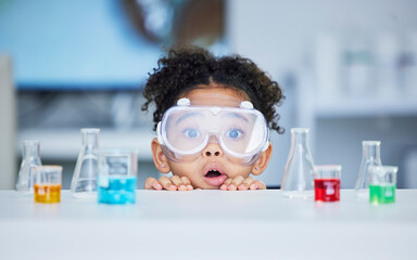 Science, learning and portrait of child in laboratory for experiment, education and research. Future, study and knowledge with face of young girl and chemicals for results, medicine and analysis