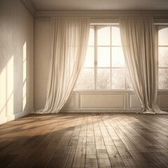 Fototapeta premium Empty interior room with window and curtains.