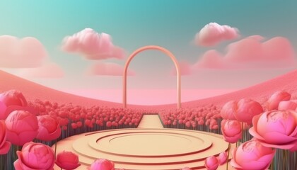 Natural beauty podium backdrop with spring rose flower field surrealistic style 