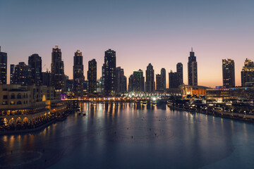 Unique view of Dubai Dancing Fountain show at night. 