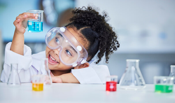 Science, eduction and smile with child in laboratory for experiment, learning and research. Future, study and knowledge with face of young girl and chemicals for results, medicine and analysis