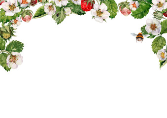 Floral fruit arch frame made of sprigs of ripe strawberries, flowers, green leaves. Summer composition of red berries, blooming flowers, greenery. Hand drawn watercolor illustration for cards, print.