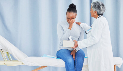 Doctor, patient and sad talk about hospital results of a black woman with tissue, support and...