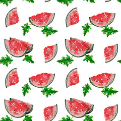Seamless summer fruit pattern with ripe watermelon slices and green leaves. Hand drawn watercolor illustration on white background for design wallpaper, home textile, fabric, packaging, wrapping paper