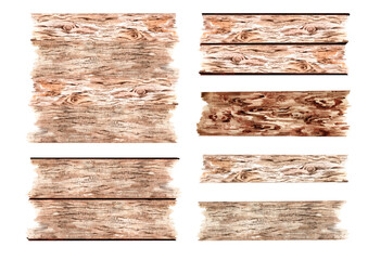 Set of isolated elements of wooden textures, boards, wooden shield, pointer, creative materials. Hand-drawn watercolor illustration on a white background for cards, prints, banners.