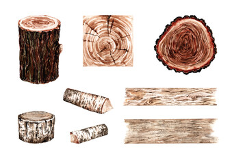 Set of isolated elements, wooden saws, stump, birch logs, board, wooden shield, pointer, building materials. Hand-drawn watercolor illustration on a white background for cards, prints, banners.