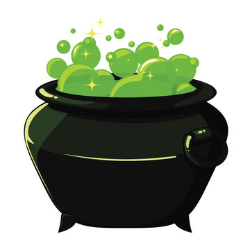 Witch magic pot. Shiny green bubbles. Vector object for mobile game