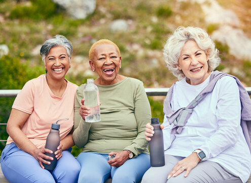 Senior women, fitness or portrait of friends in outdoor activity together for health or exercise in retirement. Support, diversity or happy elderly people drinking water to relax on break in training
