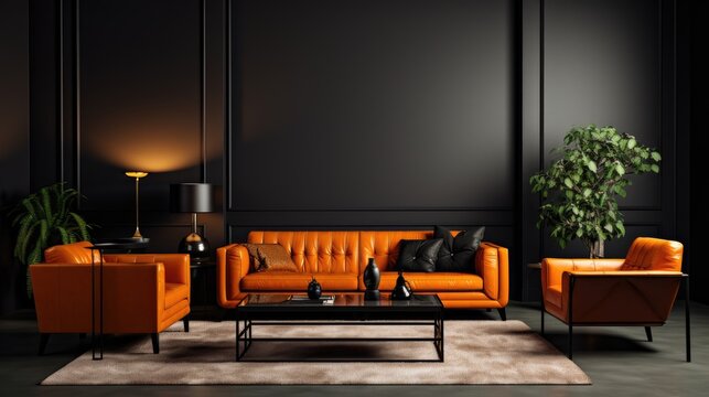 large living room with modern interior design with orange leather sofas and chairs for home against the background of a dark classic wall, Generative AI