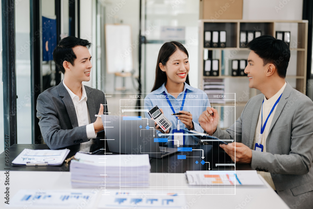 Poster project manager working and update tasks with milestones progress planning and gantt chart schedulin