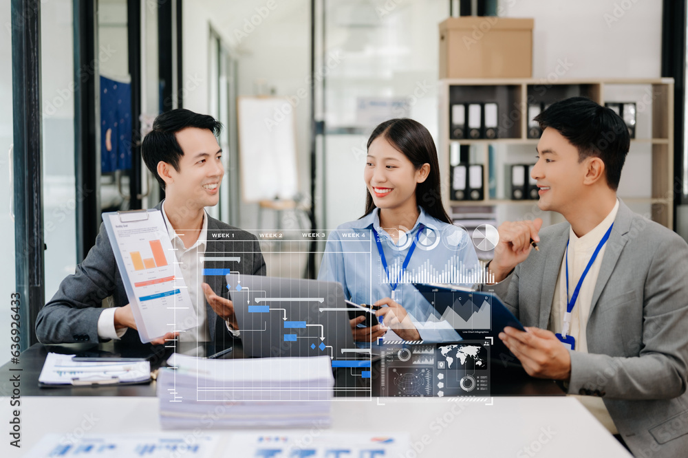 Poster businessman team hand project manager working and update tasks and gantt chart scheduling virtual di
